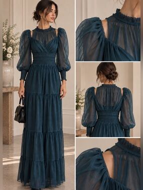 RARE Elegant Dark Green Puff-Sleeve Maxi Dress purchased in Japan